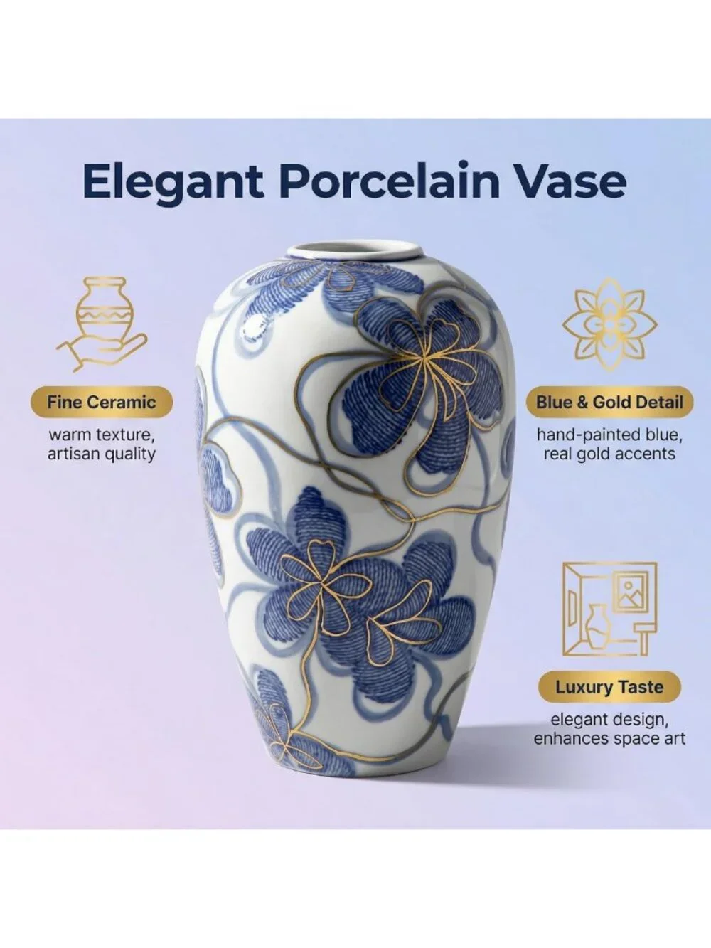 Hand-Painted Blue & White Ceramic Flower Vase with Gold Accents - 9
